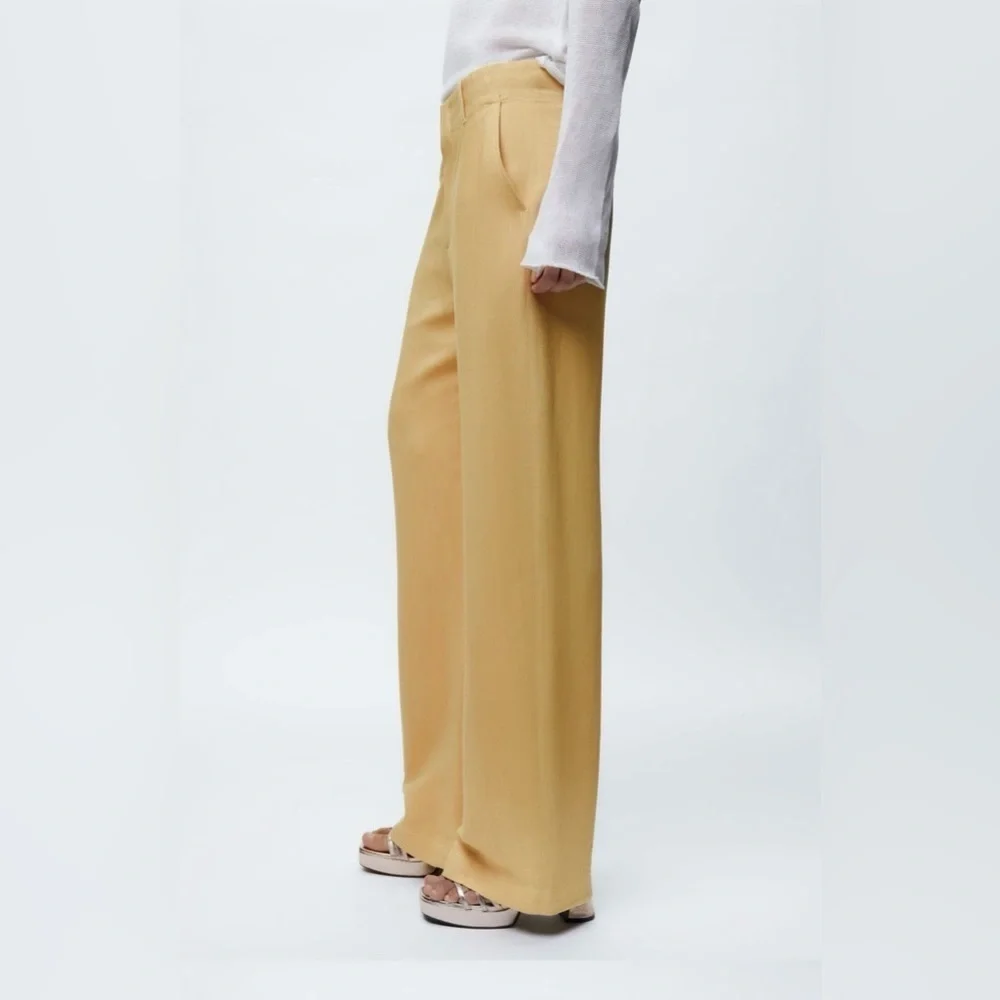 Zara Women Yellow Mid Rise Wide Leg‎ Blend Limited Edition Formal Pants Sz M